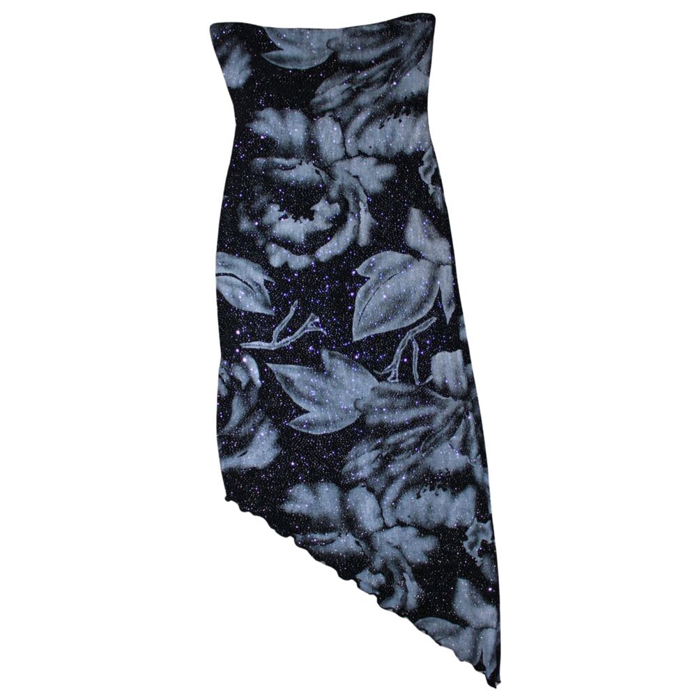 Vintage Cache Black Silver Glitter Floral Asymmetrical Strapless Dress XS